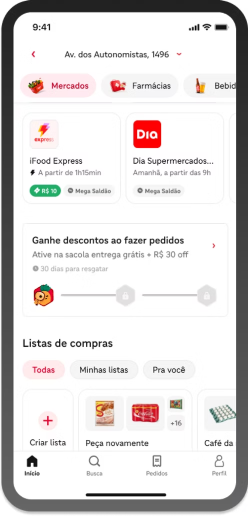 Trilha de recompensas na home de Mercados — Ganhe descontos ao fazer pedidos