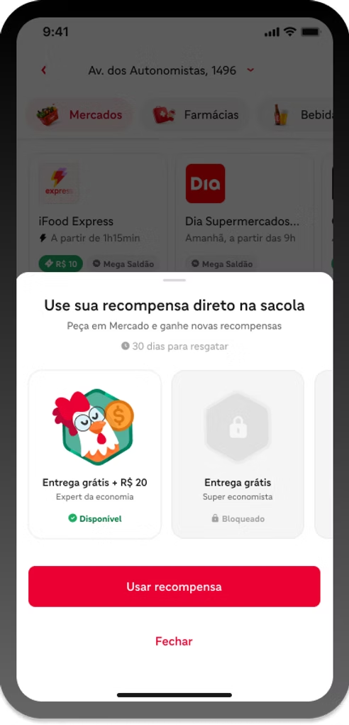 Modal de recompensa disponível — Use sua recompensa direto na sacola